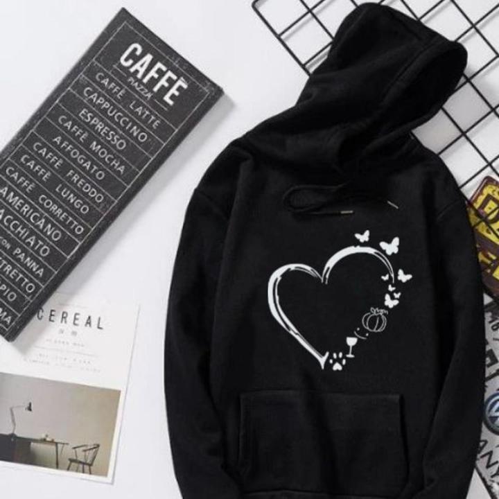 Black Heart with Butterfly Printed Fleece winter Unisex hoodie