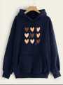 Navy Blue Colorful Printed Fleece Pullover Kangroo Hoodie For Girls & Women. 