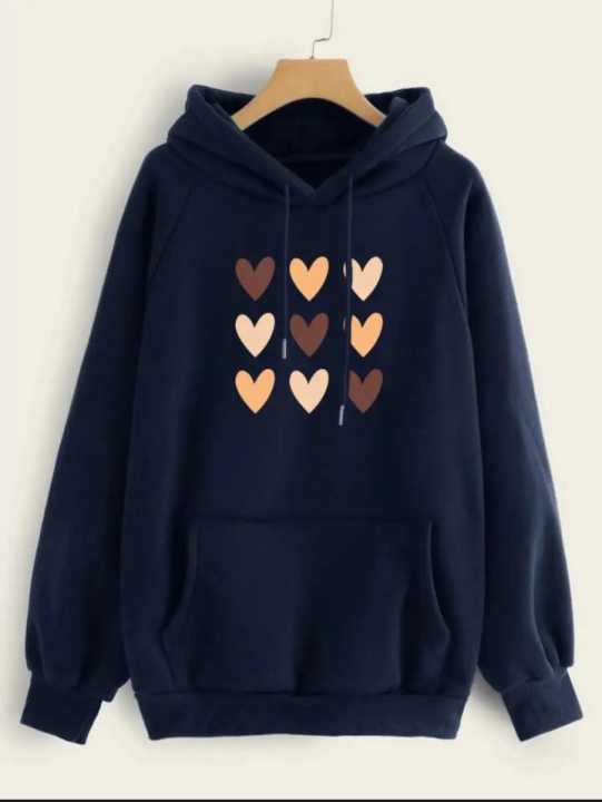 Navy Blue Colorful Printed Fleece Pullover Kangroo Hoodie For Girls & Women