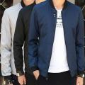 Men Simple Casual Baseball Jacket Solid Color Stand-up Collar Coat. 