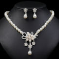 1Set Women Necklace Beaded Glossy Faux Pearls Rhinestone Embedded Flower Bride Necklace Stud Earrings Kit Qoddess. 