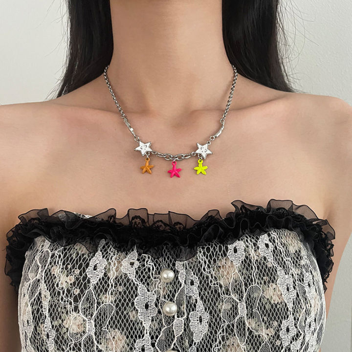 Colorful five-pointed star stitching starfish necklace women's light luxury y2k babes pendant niche design sense sweet cool clavicle chain