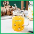 Glass tumbler Mug with lid and glass straw-Spill Proof with silicon protective Lid-Coffee, Milk glass Mugs-cute Juice glass mug. 