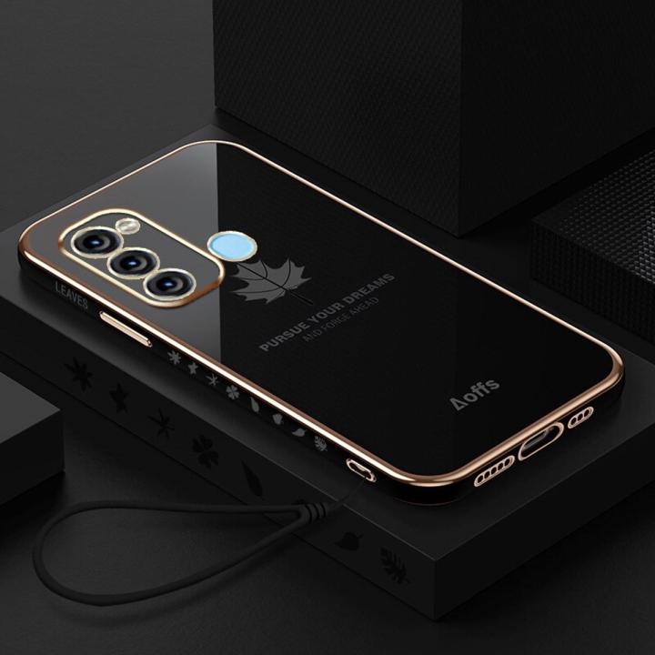 For Itel Vision 3 / Itel S17 Back Cover with Wrist Strap Luxury 6D Plating Maple Leaf Cases Full Camera Protection Slim Soft Silicone Bumper Mobile Phone Case
