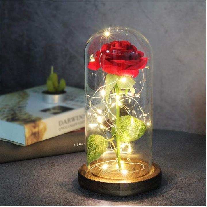 Beauty and The Beast Red Rose in Glass Dome on Wood Base, LED Lights Forever Perfect Silk Rose and Girlfriend Rose Flowers Light for Valentines Day | New Years