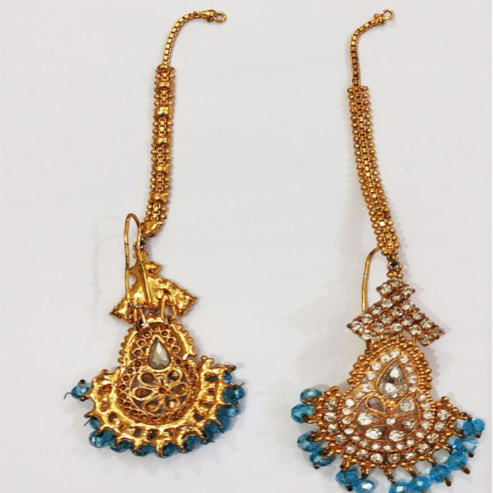 Golden%20And%20Cyan%20Color%20Alloy%20Sparkling%20Necklace%20Set%20With%20Zircon%20Stone%20%7C%20Stylish%20Complete%20Bridal%20Set%20%7C%20Gold%20Plated%20Necklace%20With%20Earring%20Tikka%20Sets%20-%20Image%204