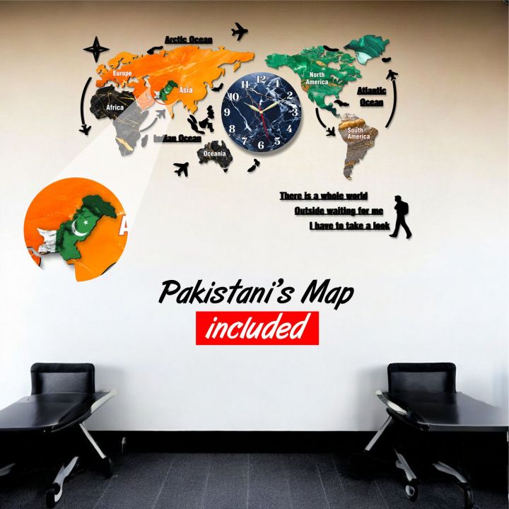 Gift Mall Large 127cm Wooden World Map Wall Clock with Vibrant Colors and Marble Texture for Home and Office Decor