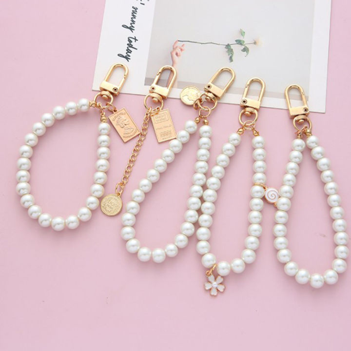 Vintage Korean Fashion Pearl Keychain Women Girl Gold Metal Chain Key Ring