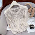 Thin hollow out sleeved knitted sweater for women 2024 new summer design sense niche loose short chic top trend. 