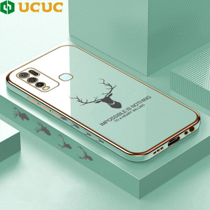 UCUC for Vivo Y50 Y30 Y30I Back Cover + Free Lanyard Luxury 6D Plating Case Side Pattern Soft Silicone Square Mobile Phone Cases