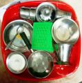 Stainless Steel Kids Kitchen Toys Set With  Free Plastic Basket/Bowl  Miniature Cooking Set Simulation Tableware Toy Pretend Play Cook Toy for Kids. 