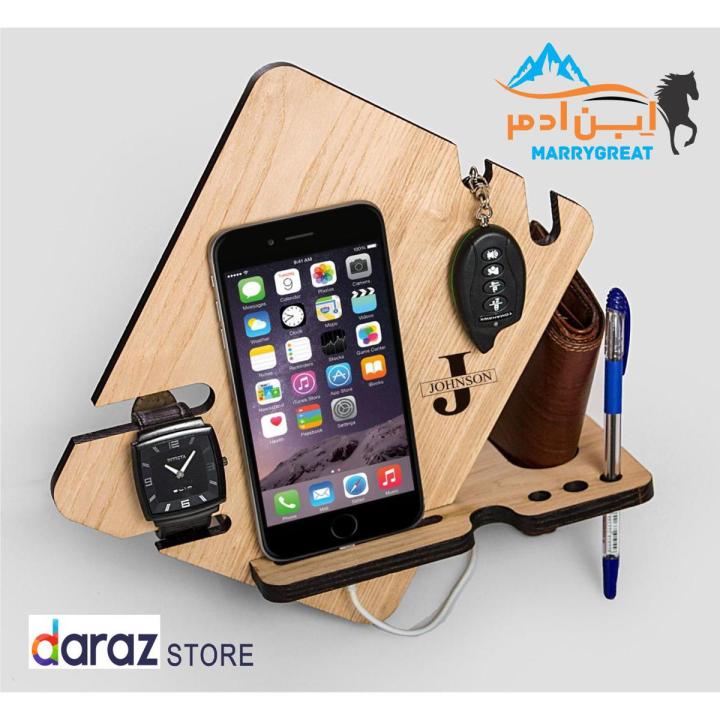 Wood Phone Docking Station With Key Holder Wallet Stand Watch Organizer Men Gift