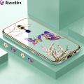Jizetin (Free Lanyard) for OPPO F11 Back Cover Peach Blossom and Butterfly Luxury 6D Plating Case Side Pattern Soft Silicone Square Mobile Phone Cases. 