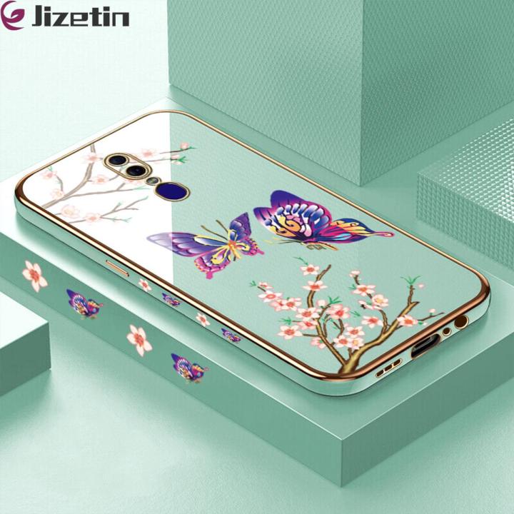 Jizetin (Free Lanyard) for OPPO F11 Back Cover Peach Blossom and Butterfly Luxury 6D Plating Case Side Pattern Soft Silicone Square Mobile Phone Cases