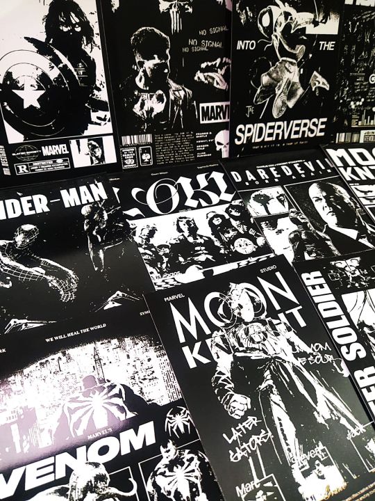 Black Graphic Aesthetic Wall Posters Collection - 12 posters per set - SIZE a6 - 4.1" x 5.8" INCH Classic Rock & Pop Art Prints for Home Decor movies marvel film