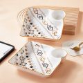 Ceramic Dumpling Plate with Side Sauce Portion – Square Sushi Plate with Dipping Saucer | White Serving Plate. 