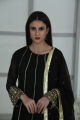 Noir Opulence: 3-Piece Hand-Embroidered Stitched Black Chiffon Suit with Gota, Cutdana, Moti, Dabka sleeves, Chiffon Dupatta Pallu, Silk Trousers - a symphony of exquisite craftsmanship and elegance. 