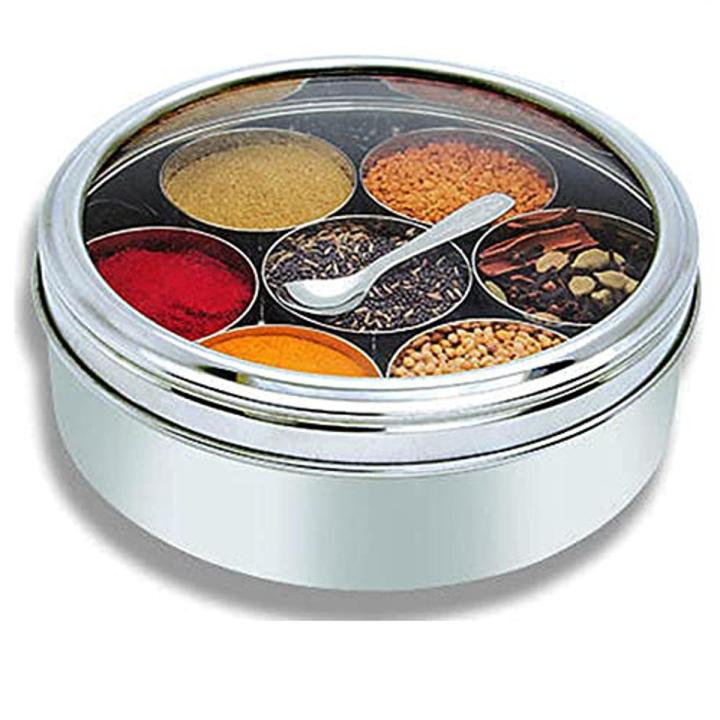 Stainless steel spice box in steel with 7 spice containers with see through lid and one spoon indian spice box steel masala dabba in steel
