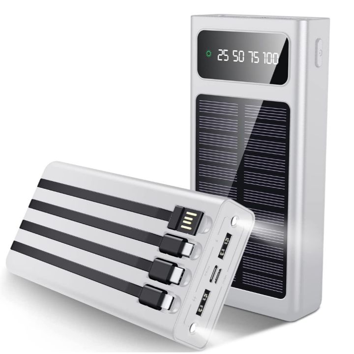 Batiaoma 10000mAh Solar Power Bank Portable Fast Charging With LED Light 4 Built-in cables