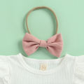 Newborn Baby Three Piece Set, Fly Sleeve Round Neck Shirt Suspender Ruffle Shorts Elastic Matching Headband. 