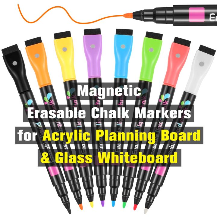 Magnetic Magnetic markers Easy to clean Liquid 8 vibrant colors Chalk markers 1mm fine tip Pack of 8 Wet erase markers for Home
