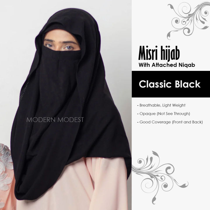Modern Modest – Misri Hijab With Attached Niqab - Super Breathable – Opaque Good Coverage Front and Back, Thick but Feels Light for Girls/Women