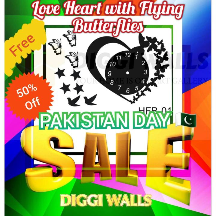 Diggi walls, New Arrival Love Heart with free Butterflies design Wooden Large Wall Clock Modern Design 3D Wall Clock.WE ARE WHOLESALER