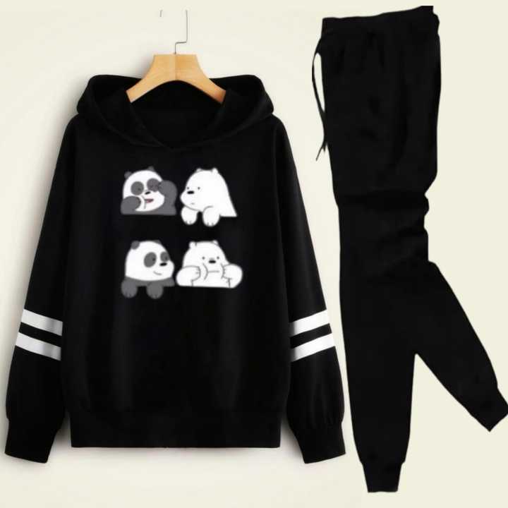 Double Stripe Black Trendy Winter Tracksuit For Girls - Soft & Comfy Hoodies For Girls