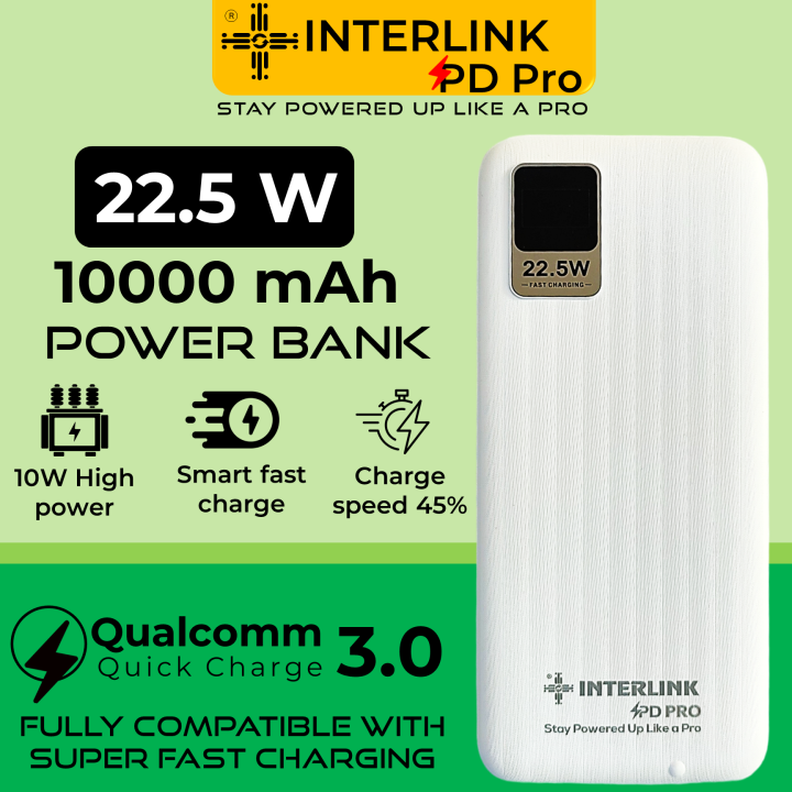 Interlink PD Pro 22.5W 10,000mAh Power Bank | Qualcomm Quick Charge 3.0 | Premium Quality