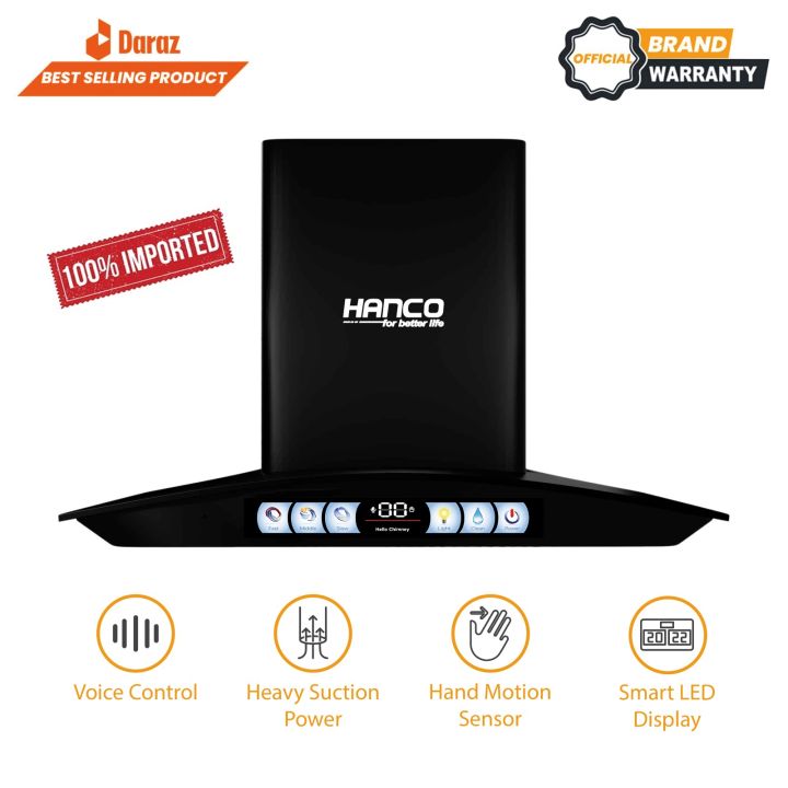 Hanco Smart Voice Control Stainless Steel Hood with Advance Auto Cleaning, Hand Motion Sensor and High Quality LED Touch Display - Chimney Size 27 Inch, 29.5 Inch and 35.5 Inch