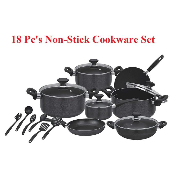18 Piece Non-Stick Cookware Set with Glass Lids Heavy Duty Pots and Pans Set Non-Stick Tawa Frying Pan Sauce Pan Cooking Pan Wok Spoons Set