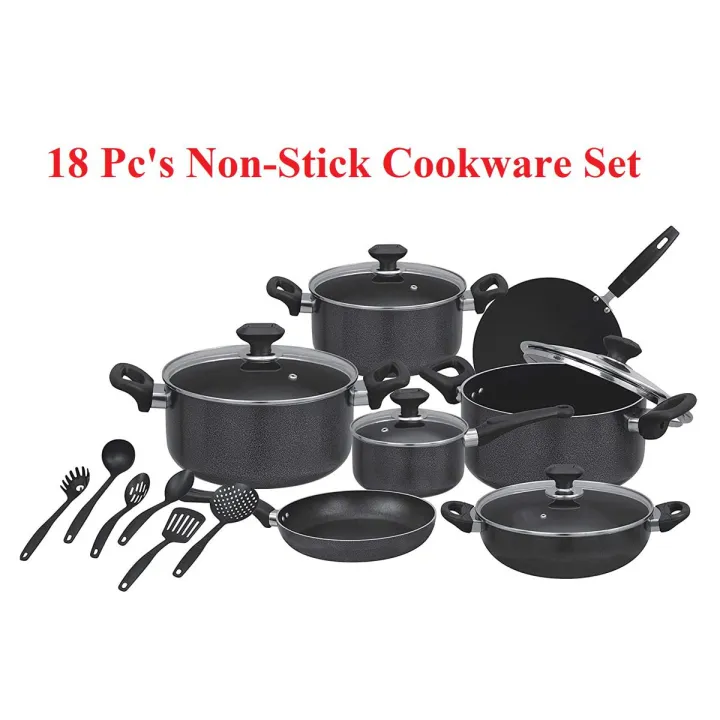 18 Piece Non-Stick Cookware Set with Glass Lids Heavy Duty Pots and Pans Set Non-Stick Tawa Frying Pan Sauce Pan Cooking Pan Wok Spoons Set