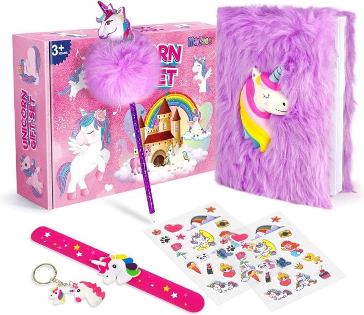 Girls Gift Set, Plush Diary, 3D Stickers, Slap Bracelet, Keychain - Cute Stationery Gift for Girls Age 4+ (Unicorn)