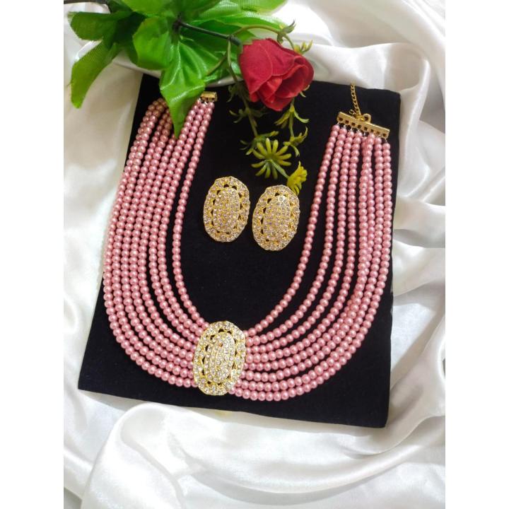New Design Pink Pearl Necklace Set With Stud Earrings For Girl & Woman