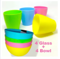 Pack Of 4+4 Plastic Unbreakable Colorful Bowl & Glass For Kids Plastic Crockery Dining Elegant Design child friendly color. 