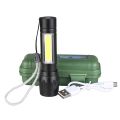 Mini Rechargeable LED Flashlight Torch COB+XPE Portable Torch Zoomable Focus Light Tactical Flashlight with Pen Clip and Box. 