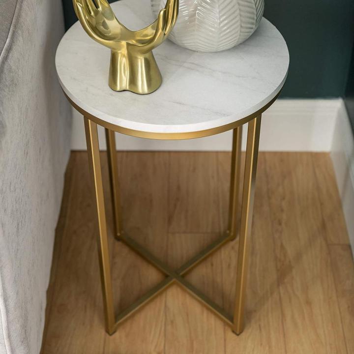 White Coffee Table  X  Serving Table With Wooden  Marble sheet Top  & Metal Base