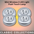 Mini Wireless 3 LED Light Push Touch Lamp Kitchen Cabinet Closet Night Light Toilet Bathroom Children Bed Room Wall Tap Light Stick-on Push Button Touch Lights | 3 LED Lights Operates with 3 AAA Battery (Not Included). 