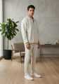 Emporio Armani Mens Premium Pinstripe Polo Tracksuit - Beige With Navy Stripes - Scuba Knit Co-ord Set - Half Zip Shirt +Trouser - Slim Fit. 