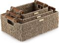 ADO BASICS Premium Jumbo Vietnamese Seagrass Wicker Basket with Stain Resistant Wooden Handles Set of 3. 