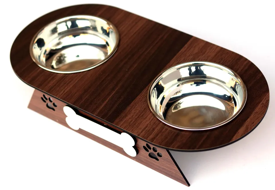 Fancy Cat Food Double Pet Bowl Set of Stainless Steel Wooden Daraz.pk