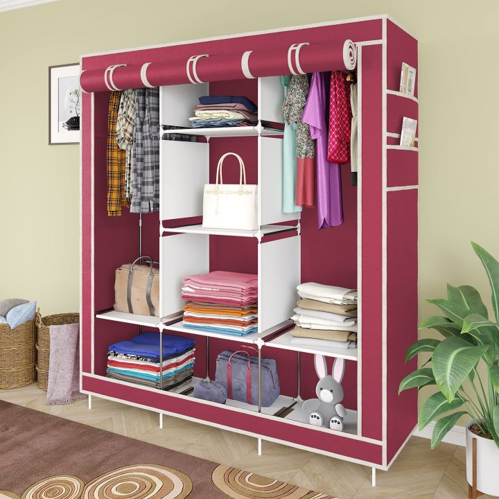 Fold able Wardrobe for Clothes Storage Rack Clothes Fabric Cloth Storage Almirah Storage Wardrobe Cupboard Closet with Shelves Clothes Organizer Portable Canvas Drawers Daraz.pk