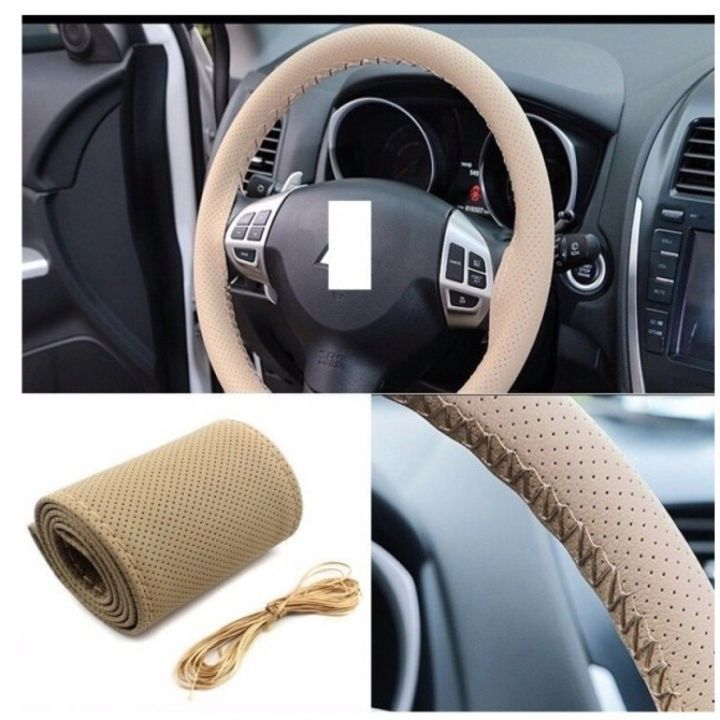Genuine Pu Leather Center Breathable Hand Sewing Car Steering wheel Cover Color Beige
