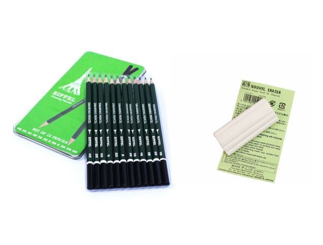 EIFFEL DRAWING PENCILS SET OF 12 & SAKURA NOUVEL CHARCOAL ERASER