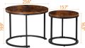 Small Round Coffee Tables for Living Room Apartment, Set of 2 Industrial Nesting Side End Table w/Wooden Surface Top and Sturdy Metal Legs Modern Table, Rustic Brown. 