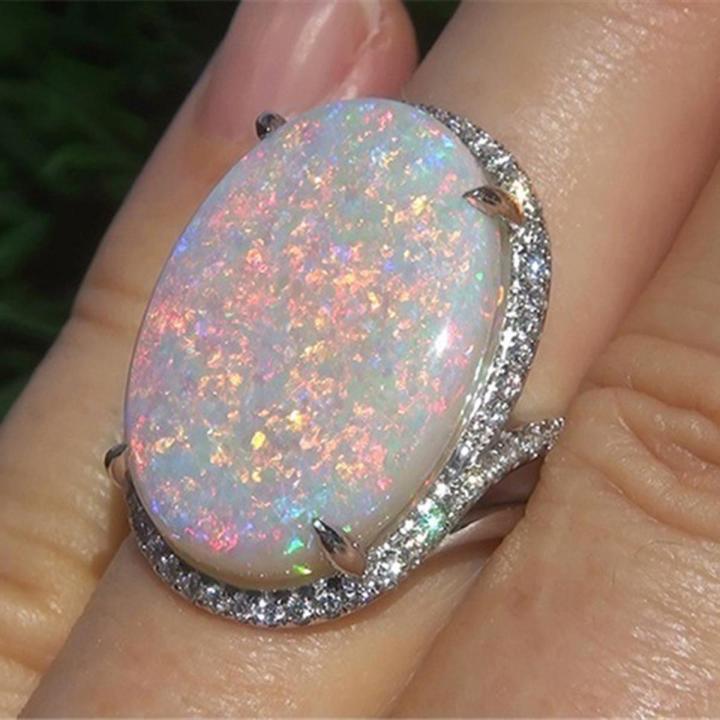 Women Shining Artificial Opal Stone Finger Ring Wedding Engagement Jewelry Gift
