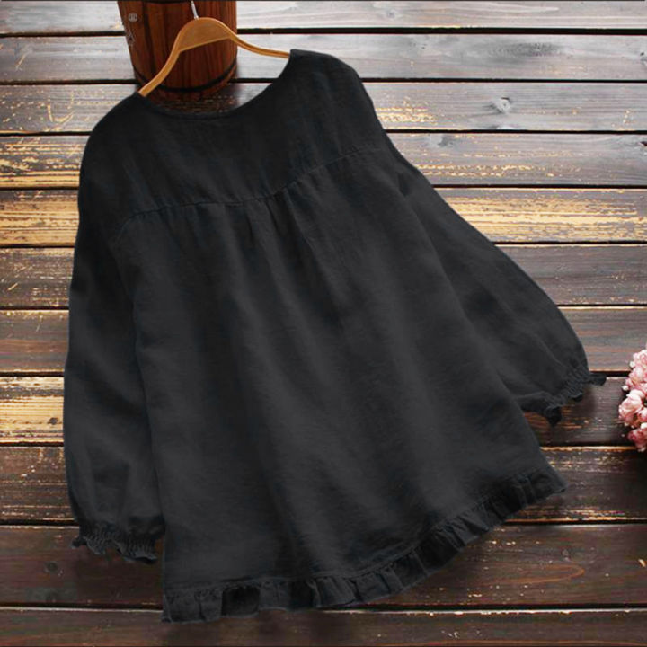 Women%20Simple%20Fashion%20Long-sleeve%20Shirts%20With%20Ruffle%20Pullover%20Round%20Neck%20Solid%20Color%20Loose%20Casual%20Bottoming%20Shirt%20Blouse%20Jacket%20-%20Image%209