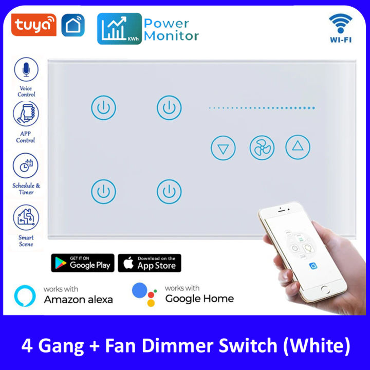 Tuya Smart WiFi 4 Gang + Fan Wall Touch Switch - Remote Control, Voice Control, Compatible with Alexa & Google Assistant, Home Automation for Lights & Fans