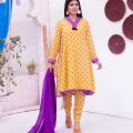 3-piece Dress Mustard Color Kattan Silk Suit, adorned with elegant paste print designs.. 