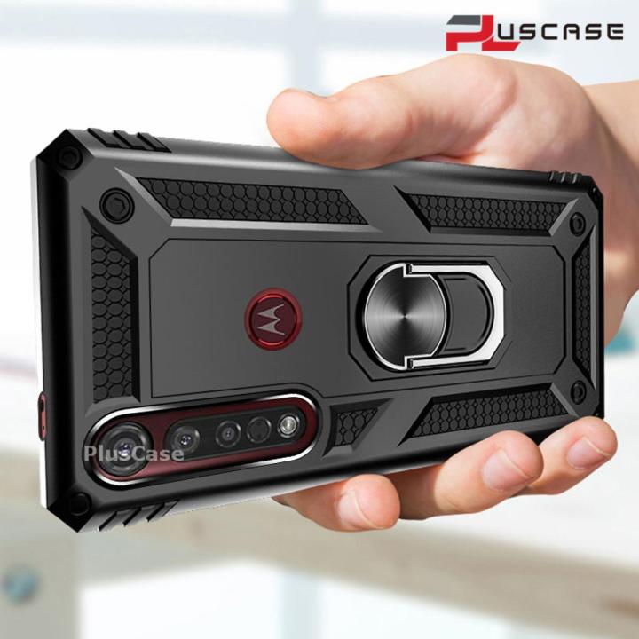 PlusCase for Motorola Moto G8 Plus / G8 Play / One Macro Case Shockproof Stand Finger Ring Hard Back Phone Cover